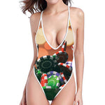 Falling Poker Chips Print One Piece High Cut Swimsuit
