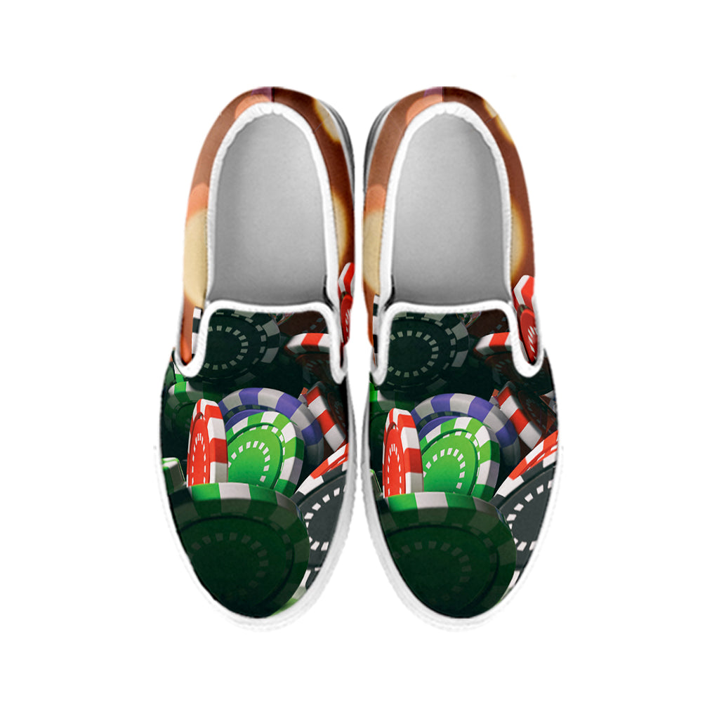 Falling Poker Chips Print White Slip On Shoes