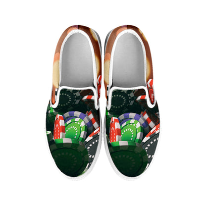 Falling Poker Chips Print White Slip On Shoes