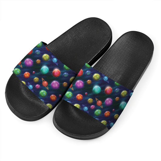 Fantastic Planets Pattern Print Black Slide Sandals