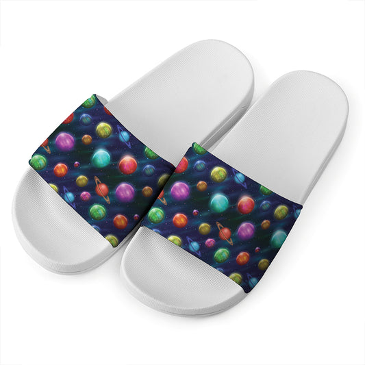 Fantastic Planets Pattern Print White Slide Sandals