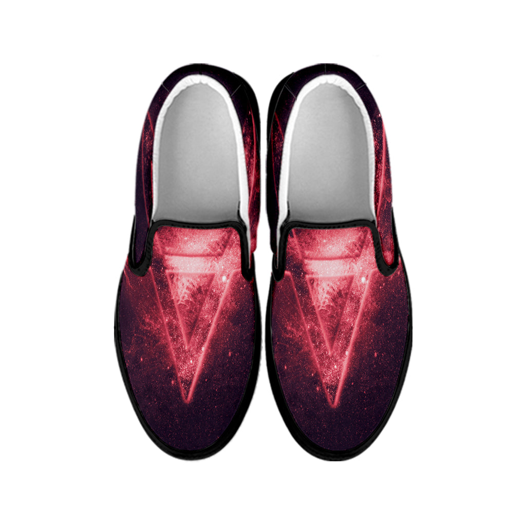 Fiery Reversed Pentagram Print Black Slip On Shoes