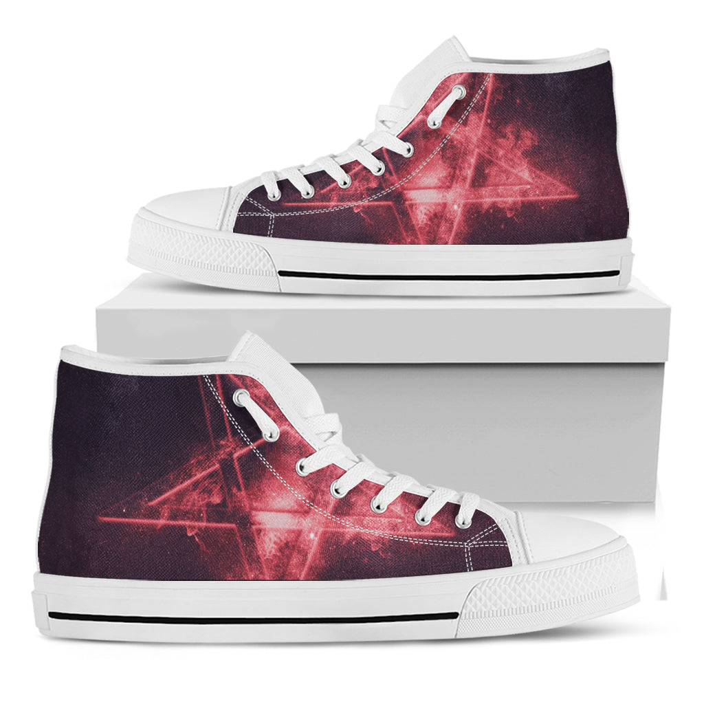 Fiery Reversed Pentagram Print White High Top Shoes