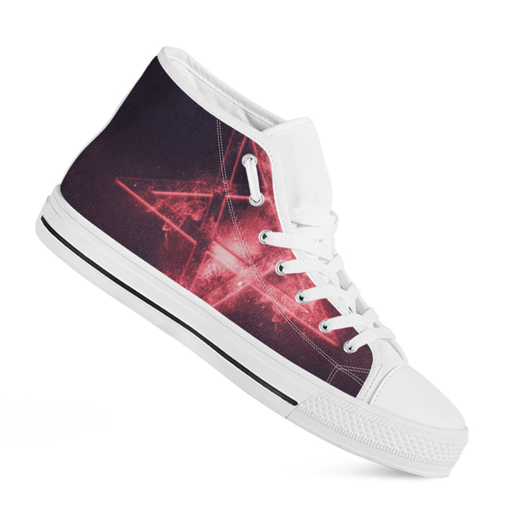 Fiery Reversed Pentagram Print White High Top Shoes