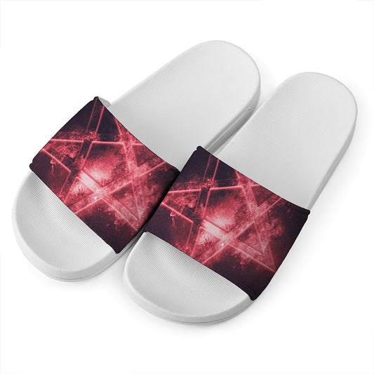 Fiery Reversed Pentagram Print White Slide Sandals