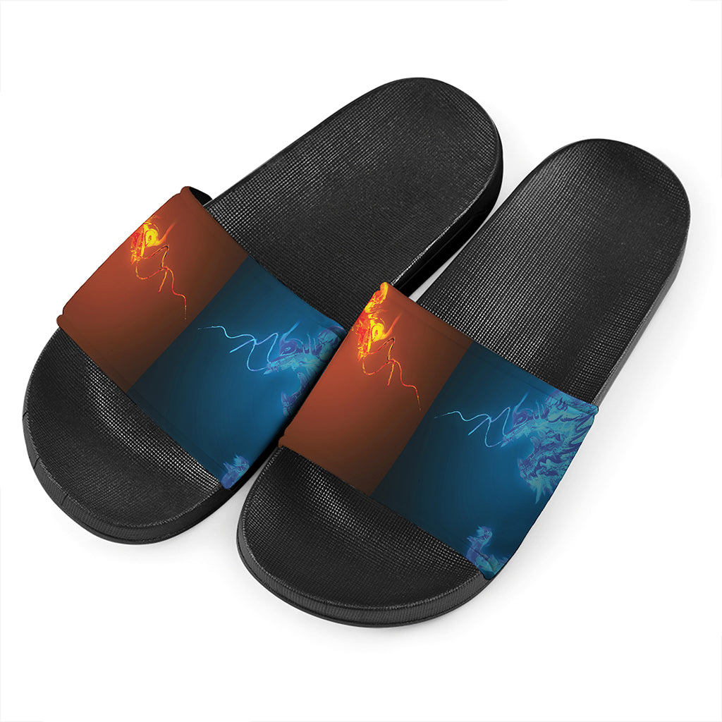 Fire And Ice Dragons Print Black Slide Sandals