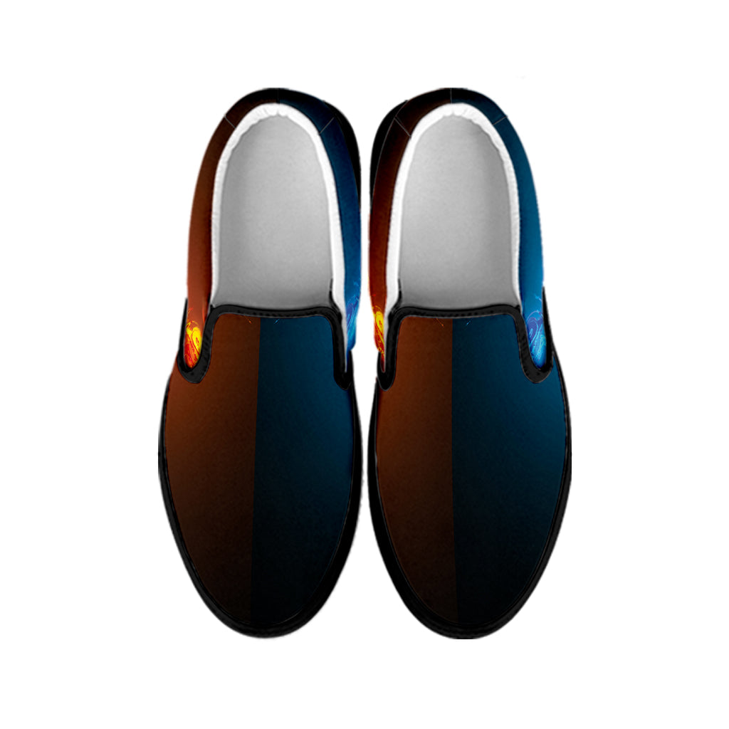 Fire And Ice Dragons Print Black Slip On Shoes