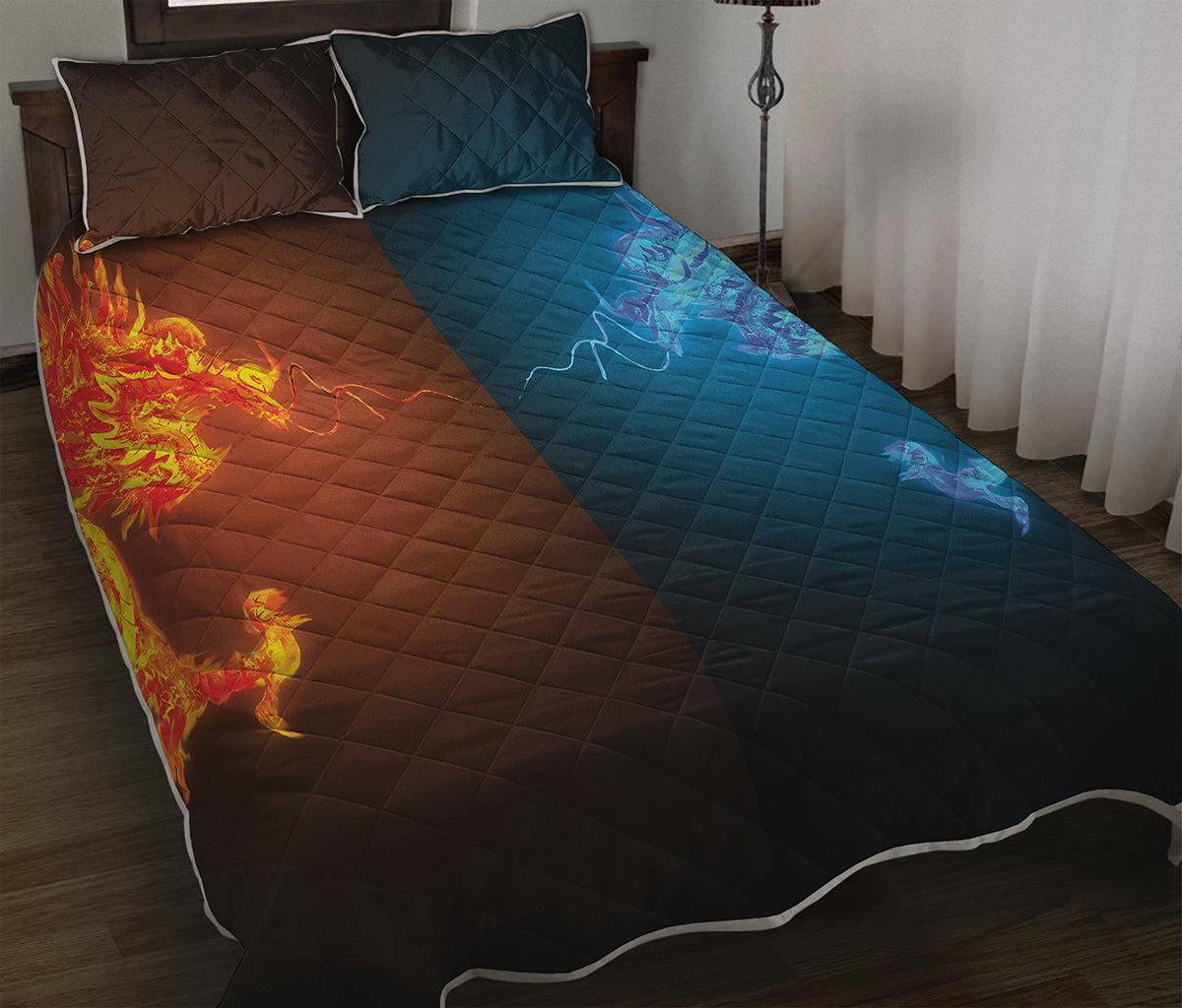 Fire And Ice Dragons Print Quilt Bed Set