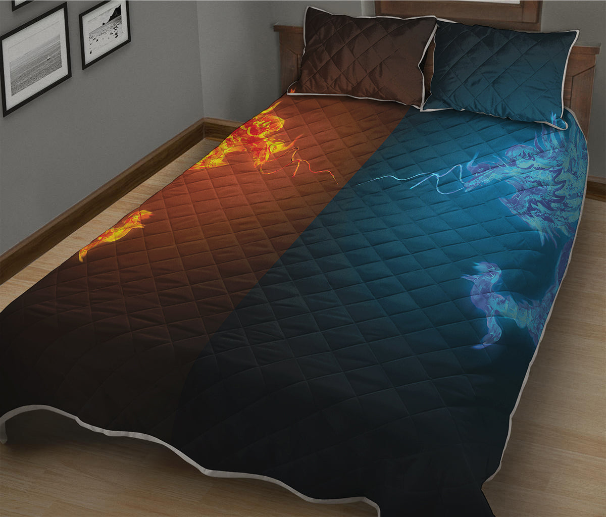 Fire And Ice Dragons Print Quilt Bed Set