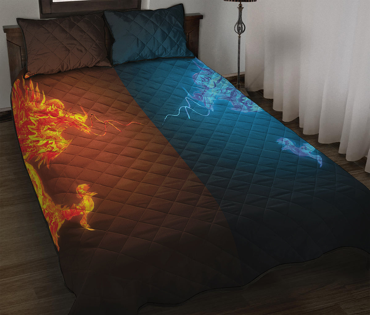 Fire And Ice Dragons Print Quilt Bed Set