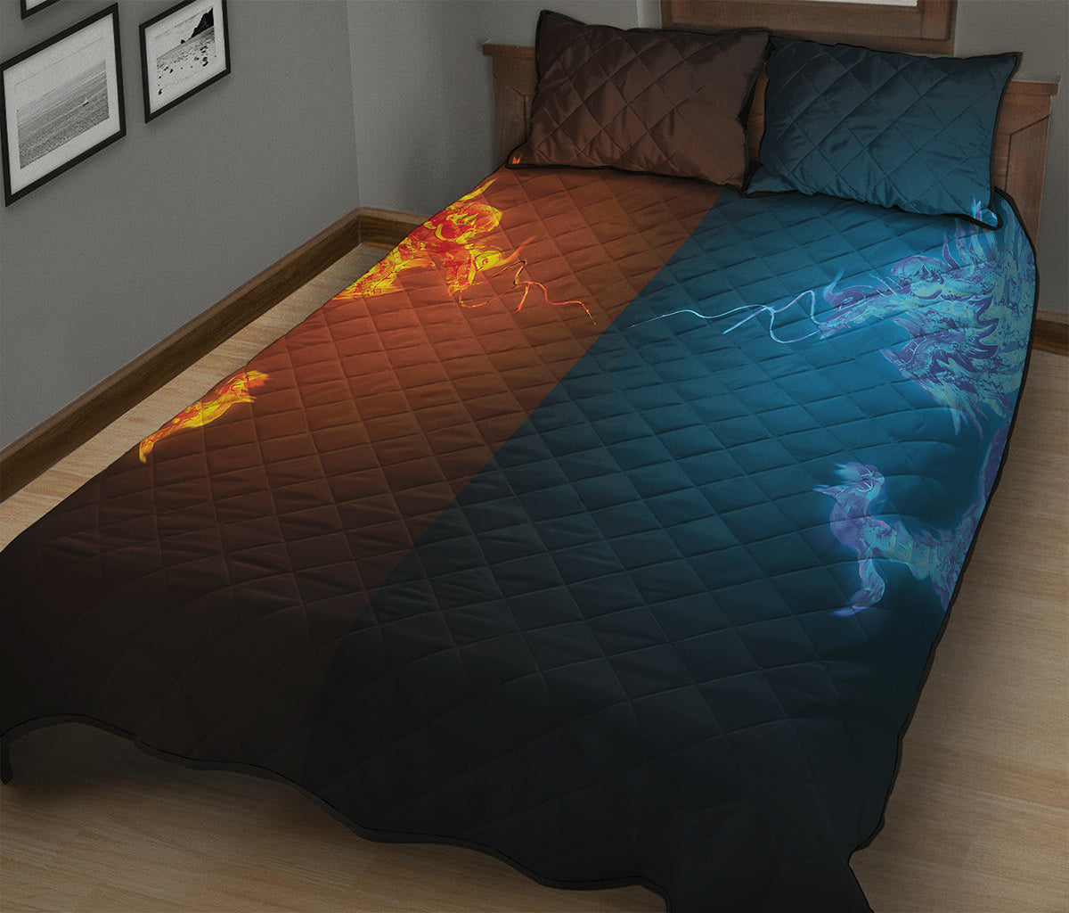 Fire And Ice Dragons Print Quilt Bed Set