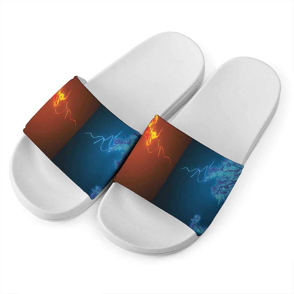 Fire And Ice Dragons Print White Slide Sandals