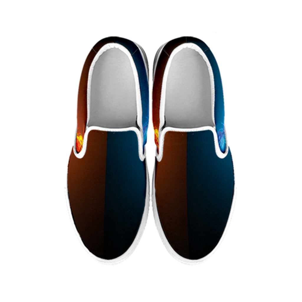Fire And Ice Dragons Print White Slip On Shoes