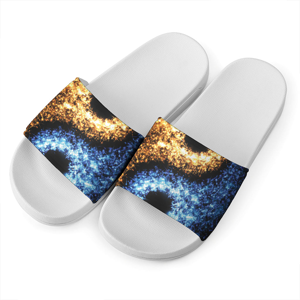 Fire And Ice Sparkle Yin Yang Print White Slide Sandals