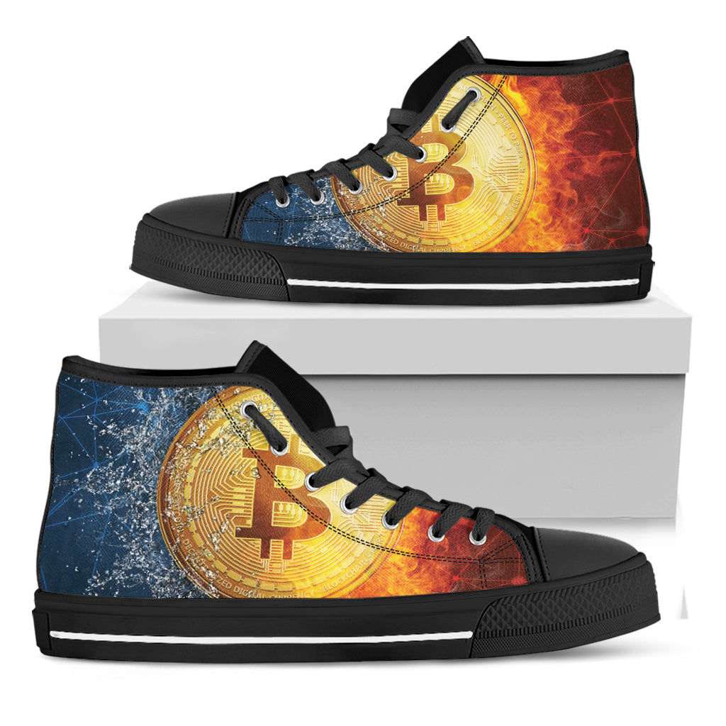 Fire And Water Bitcoin Print Black High Top Shoes
