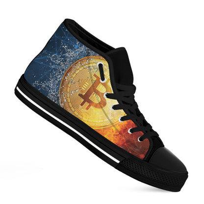 Fire And Water Bitcoin Print Black High Top Shoes