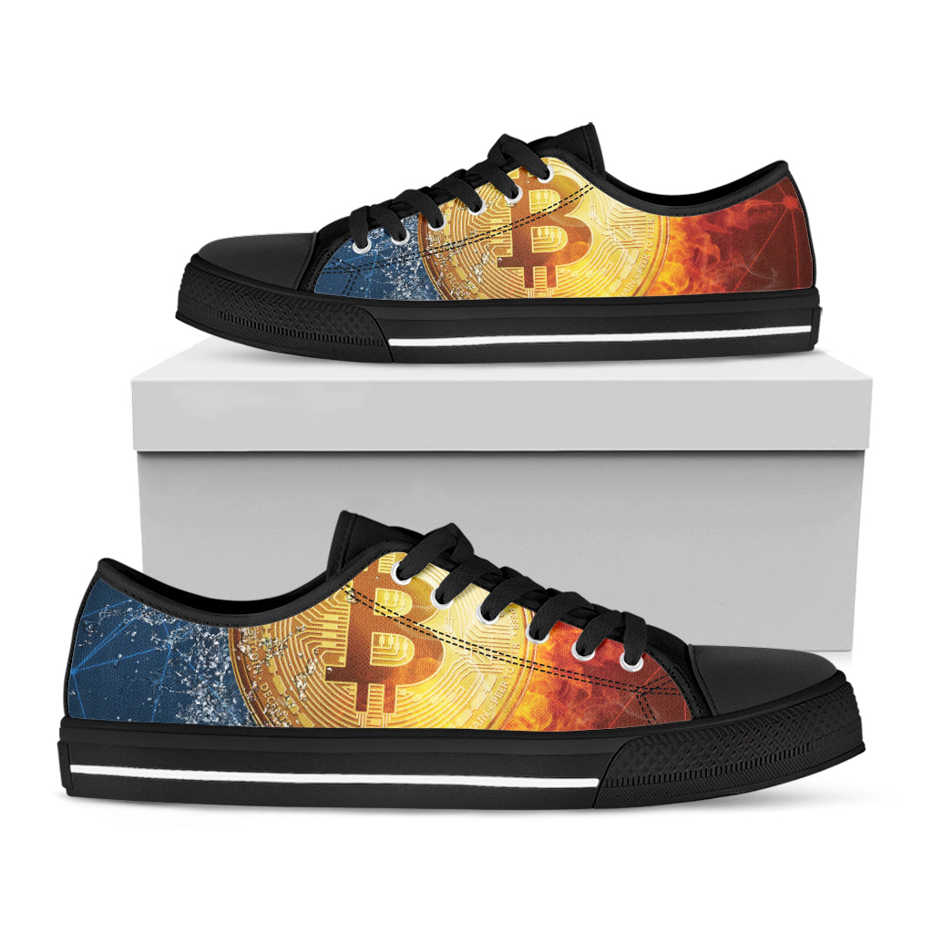 Fire And Water Bitcoin Print Black Low Top Shoes