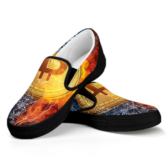 Fire And Water Bitcoin Print Black Slip On Shoes