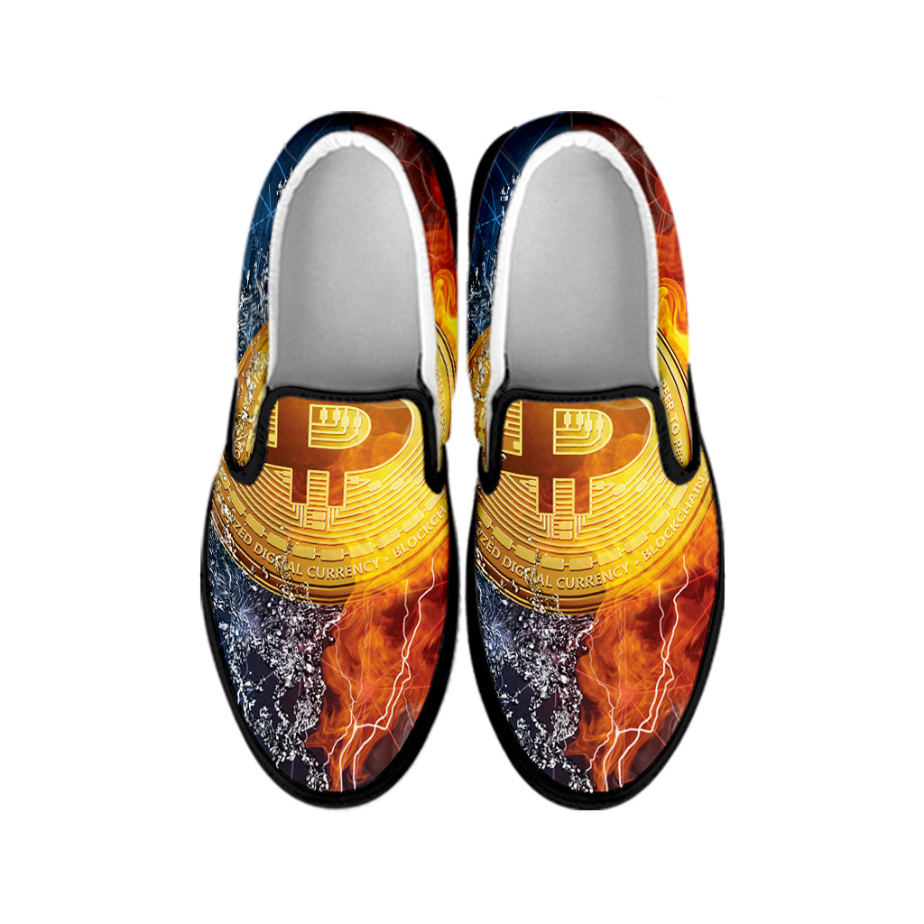 Fire And Water Bitcoin Print Black Slip On Shoes