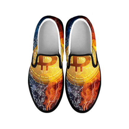 Fire And Water Bitcoin Print Black Slip On Shoes