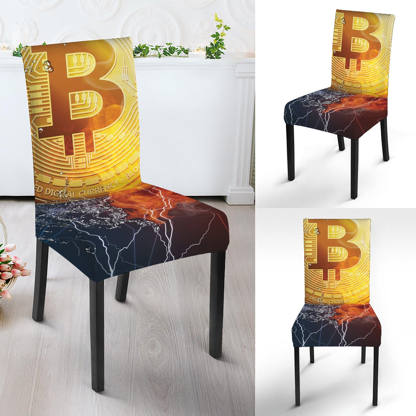 Fire And Water Bitcoin Print Dining Chair Slipcover