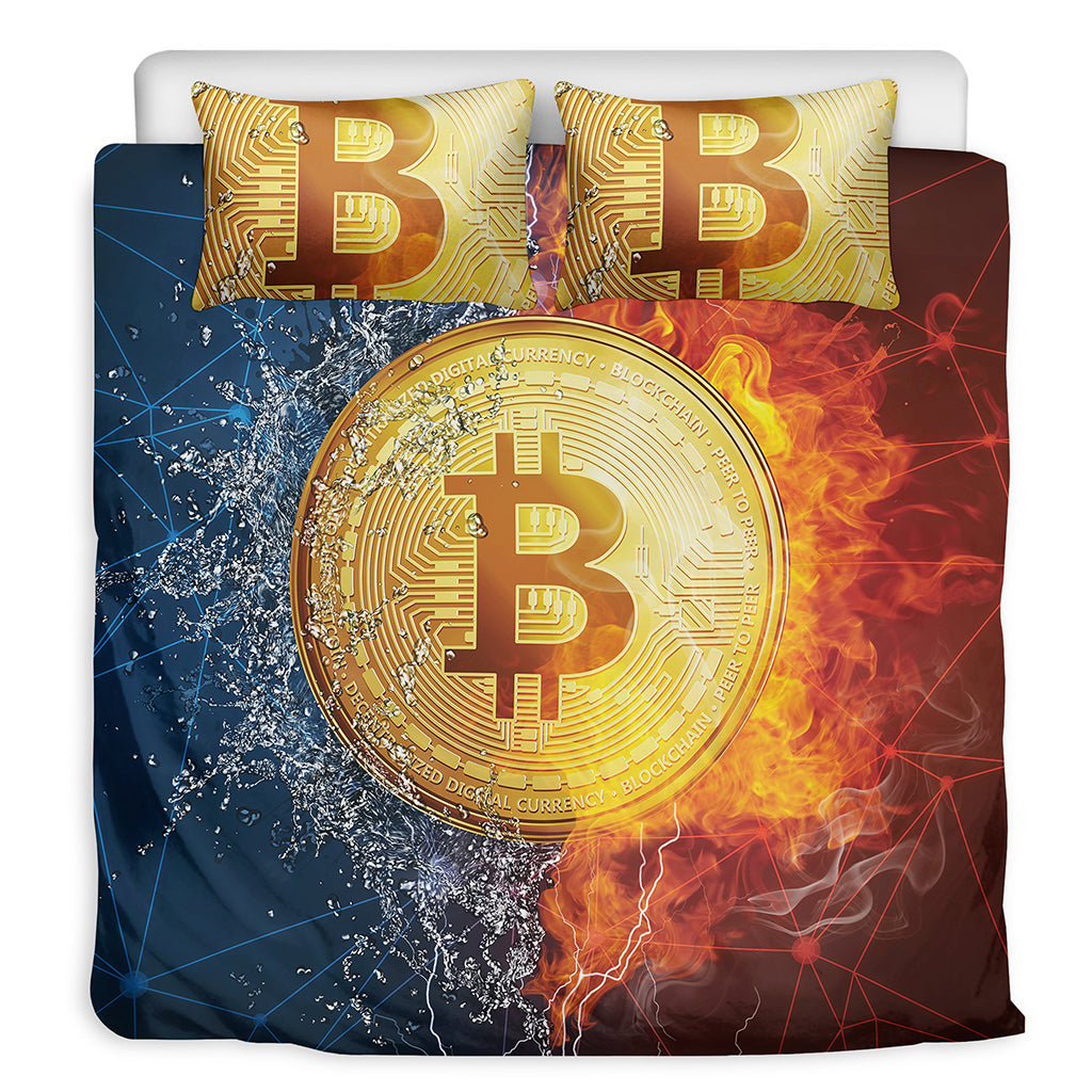 Fire And Water Bitcoin Print Duvet Cover Bedding Set