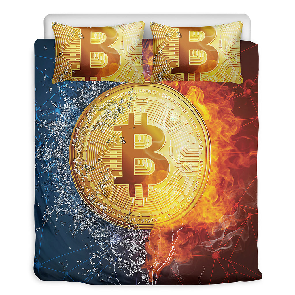 Fire And Water Bitcoin Print Duvet Cover Bedding Set