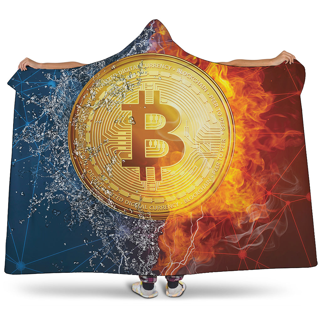 Fire And Water Bitcoin Print Hooded Blanket