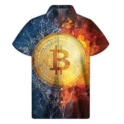 Fire And Water Bitcoin Print Men's Short Sleeve Shirt