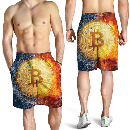 Fire And Water Bitcoin Print Men's Shorts