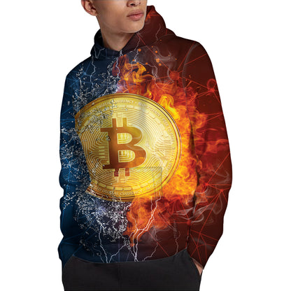Fire And Water Bitcoin Print Pullover Hoodie