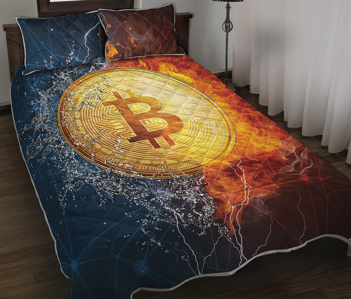 Fire And Water Bitcoin Print Quilt Bed Set
