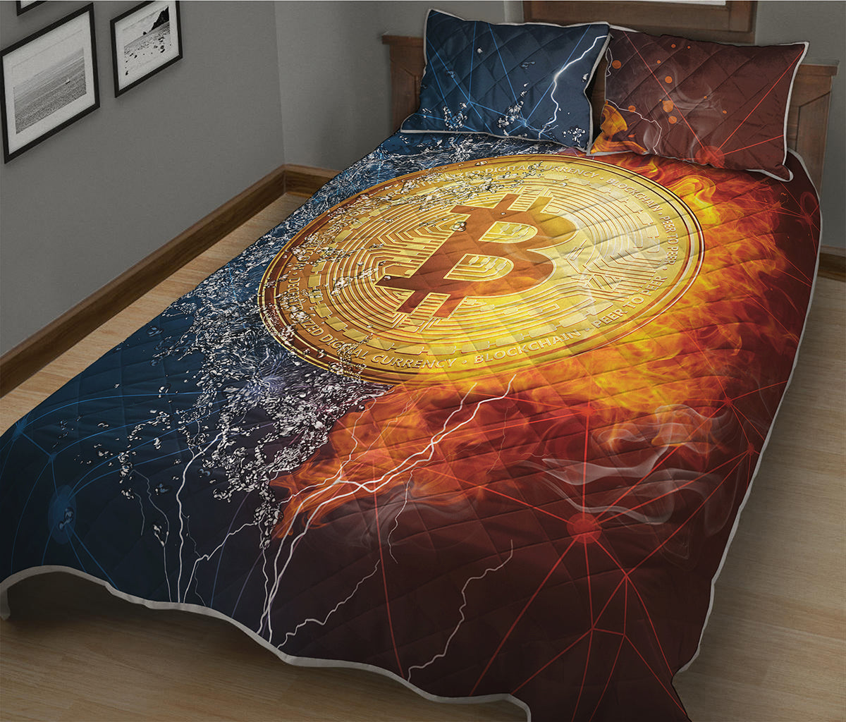 Fire And Water Bitcoin Print Quilt Bed Set