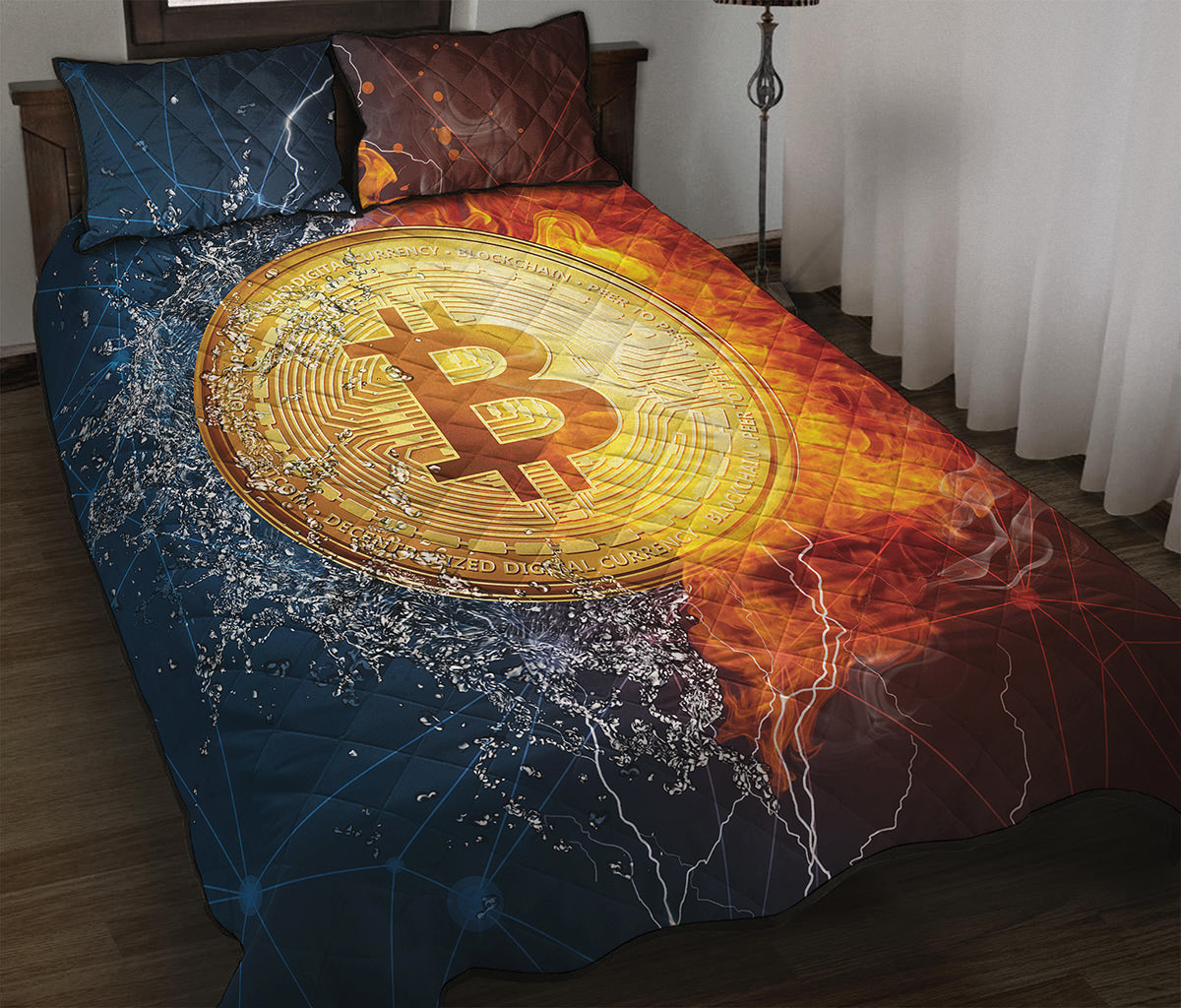 Fire And Water Bitcoin Print Quilt Bed Set