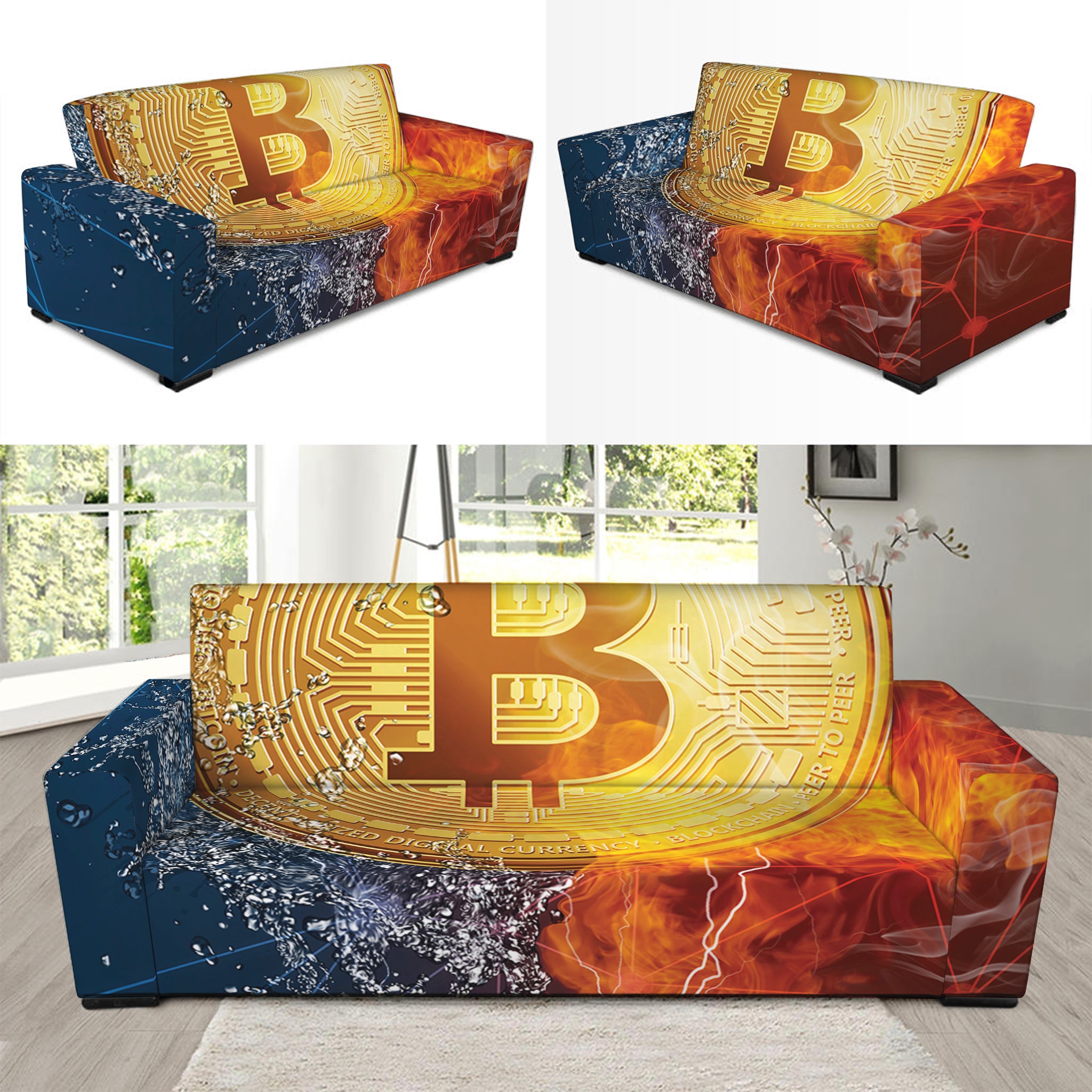 Fire And Water Bitcoin Print Sofa Slipcover