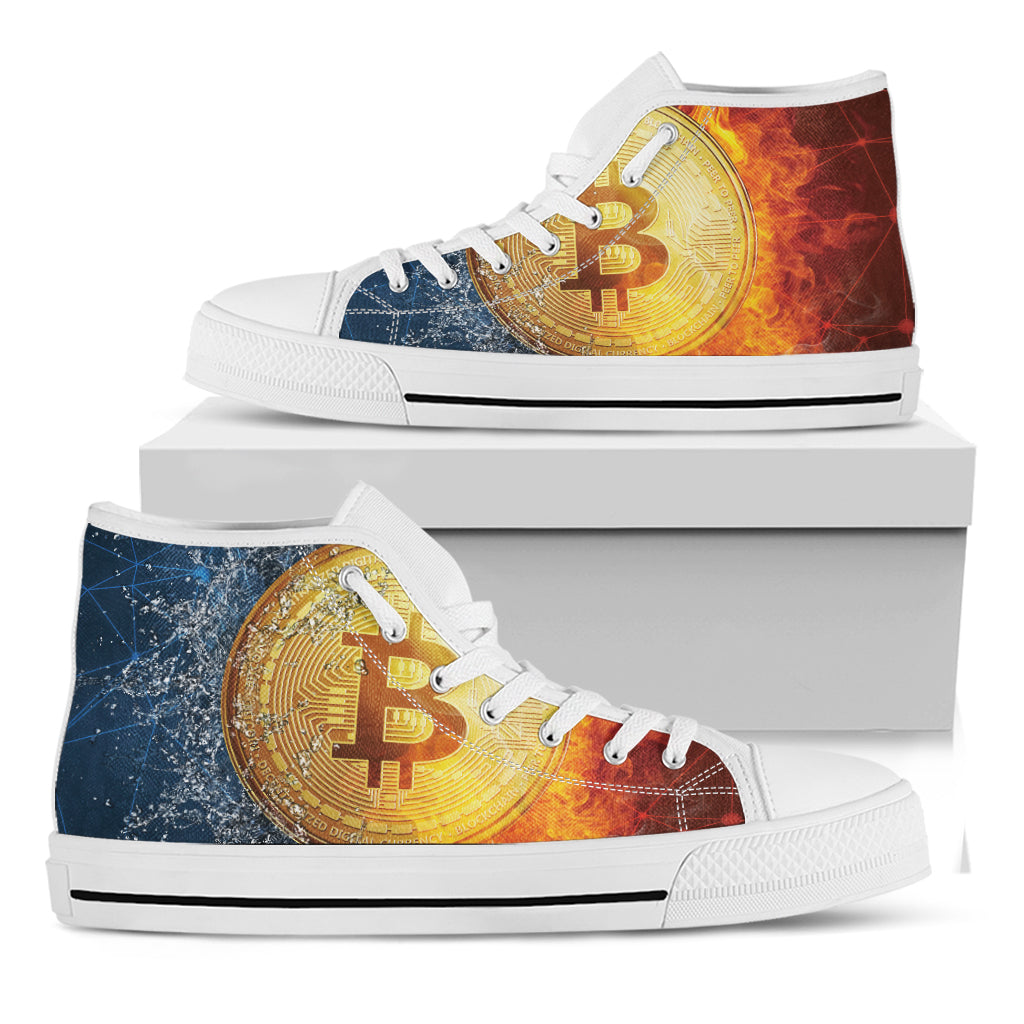 Fire And Water Bitcoin Print White High Top Shoes