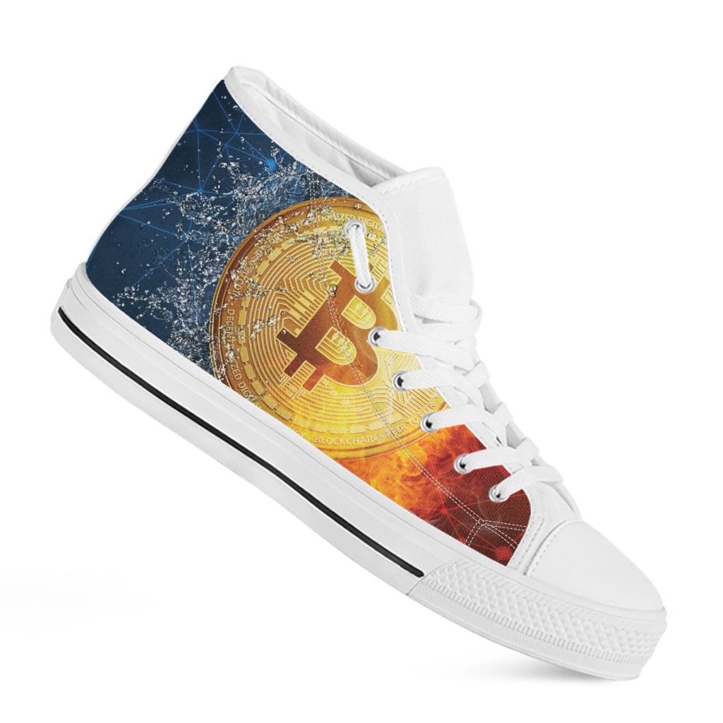 Fire And Water Bitcoin Print White High Top Shoes