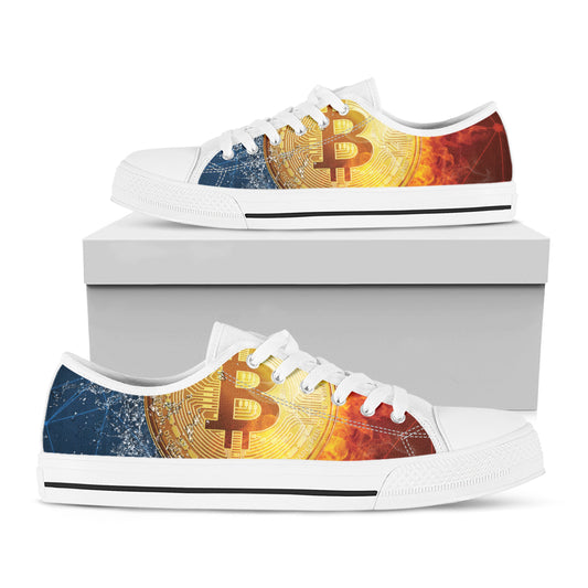 Fire And Water Bitcoin Print White Low Top Shoes