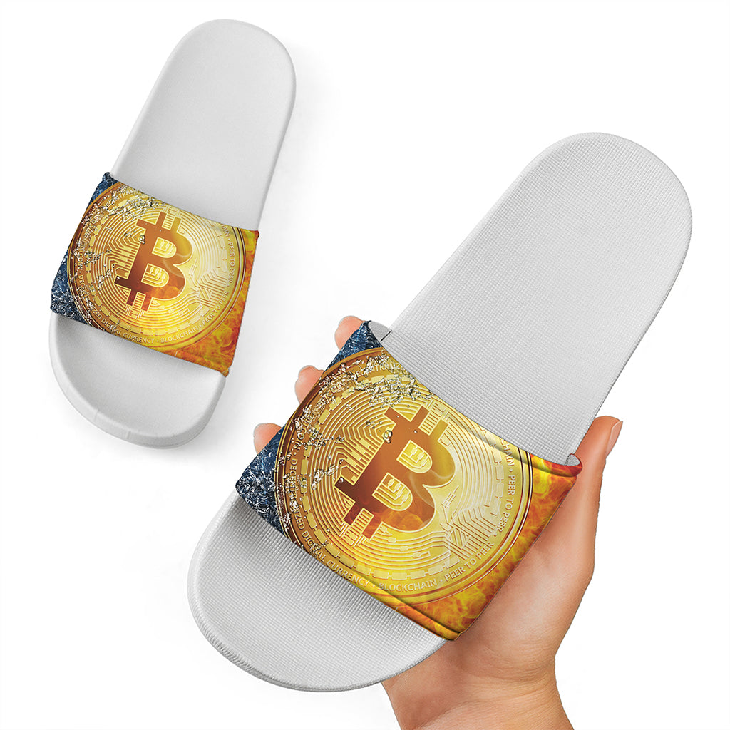 Fire And Water Bitcoin Print White Slide Sandals