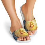 Fire And Water Bitcoin Print White Slide Sandals