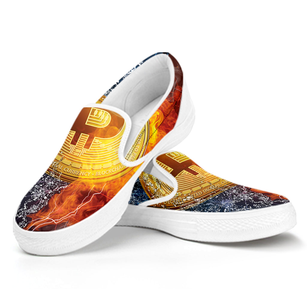 Fire And Water Bitcoin Print White Slip On Shoes