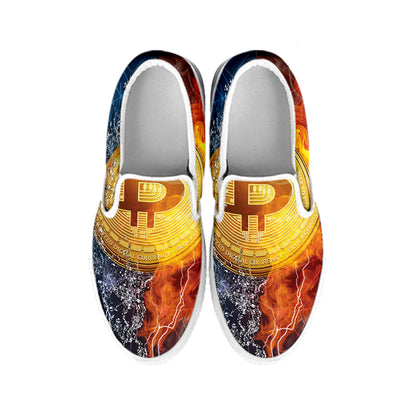 Fire And Water Bitcoin Print White Slip On Shoes