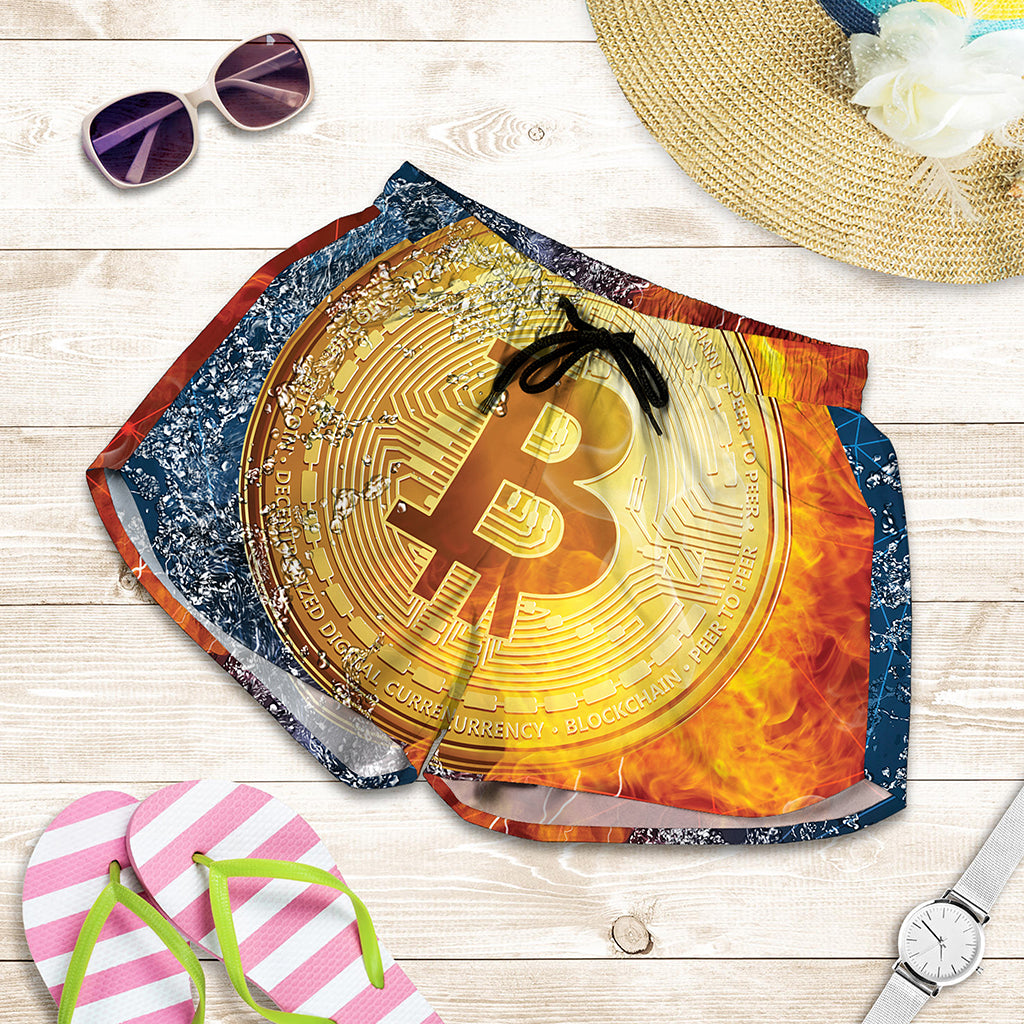 Fire And Water Bitcoin Print Women's Shorts