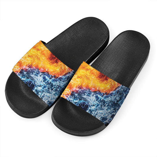 Fire And Water Yin Yang Print Black Slide Sandals