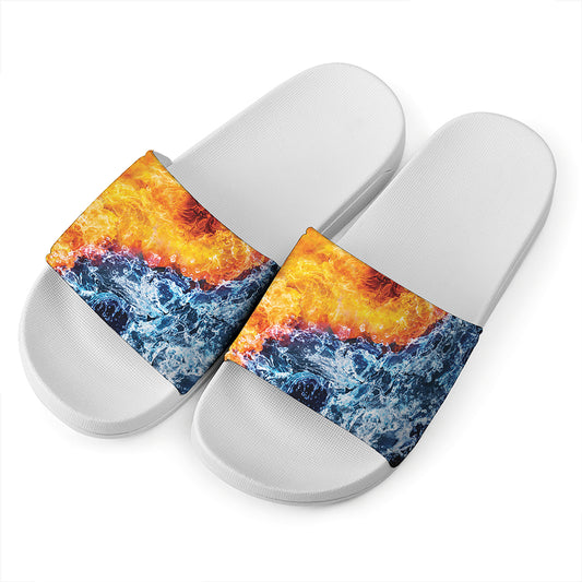 Fire And Water Yin Yang Print White Slide Sandals