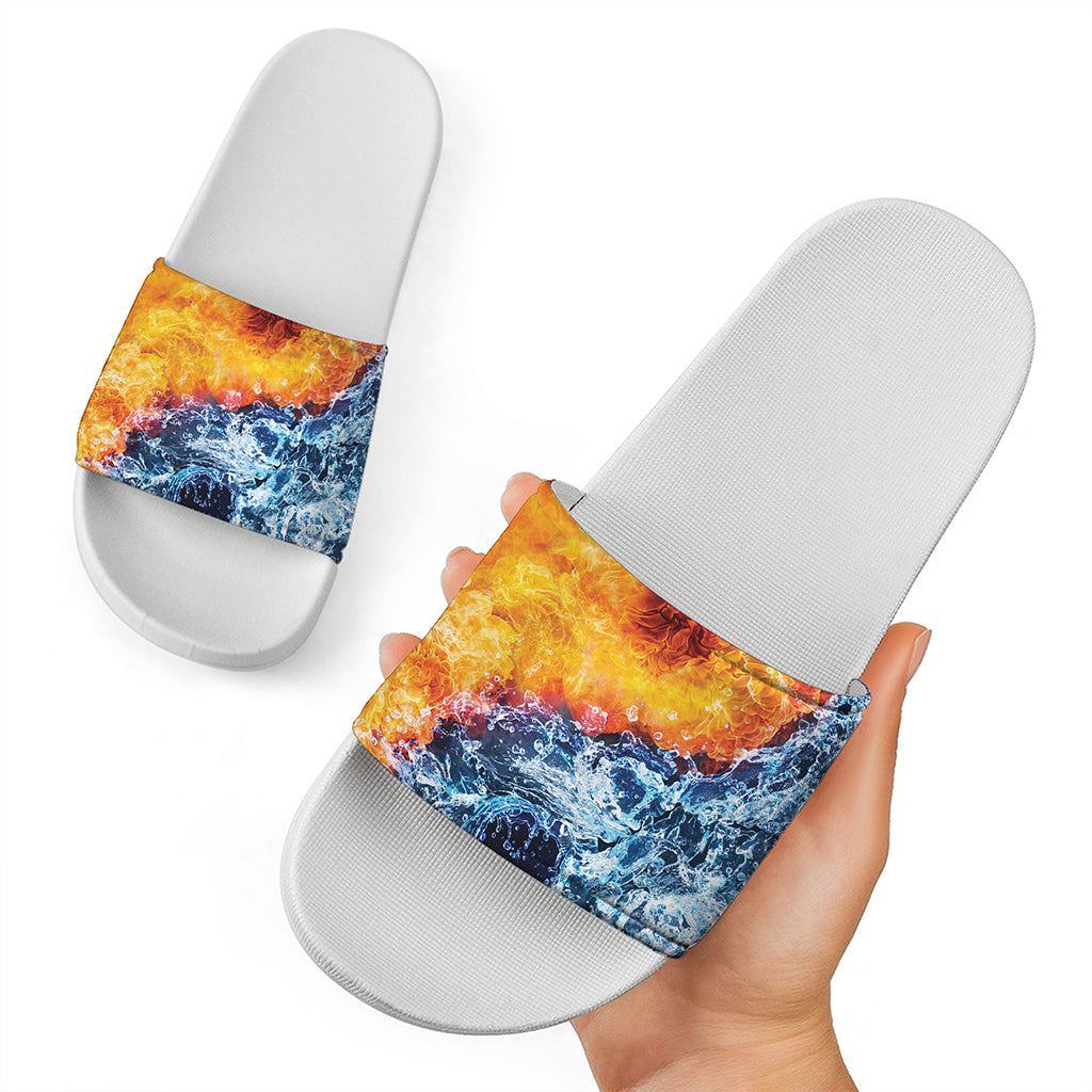 Fire And Water Yin Yang Print White Slide Sandals