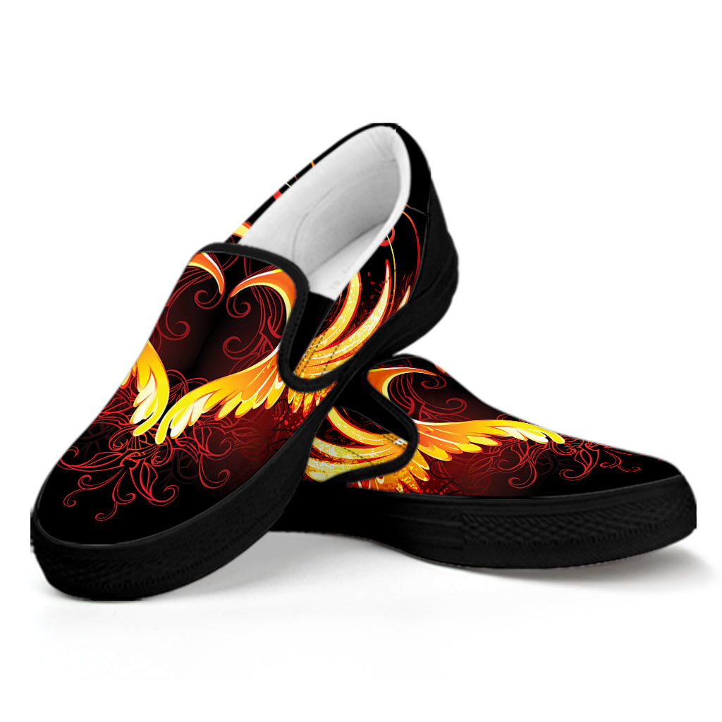 Fire Angel Wings Print Black Slip On Shoes