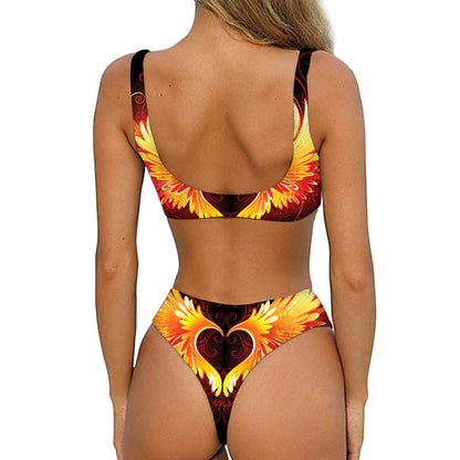 Fire Angel Wings Print Front Bow Tie Bikini