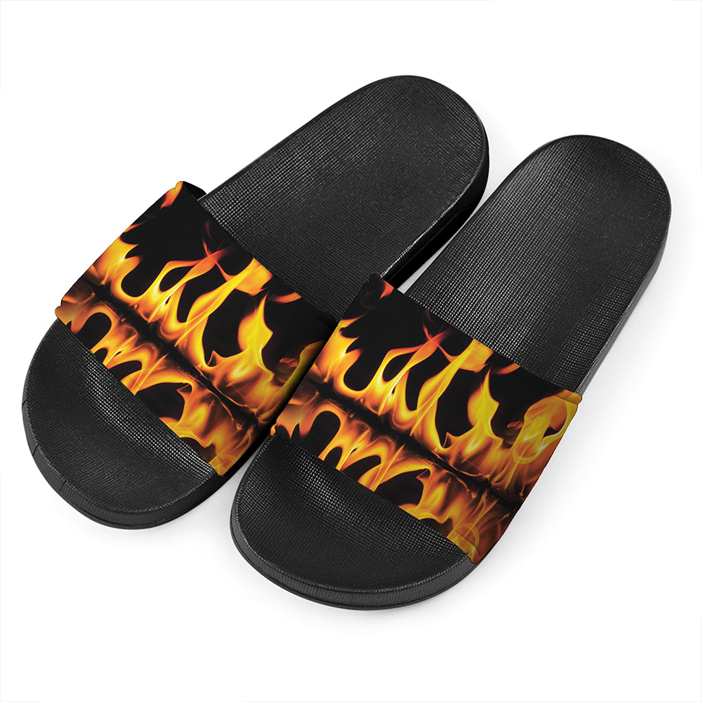 Fire Flame Burning Print Black Slide Sandals