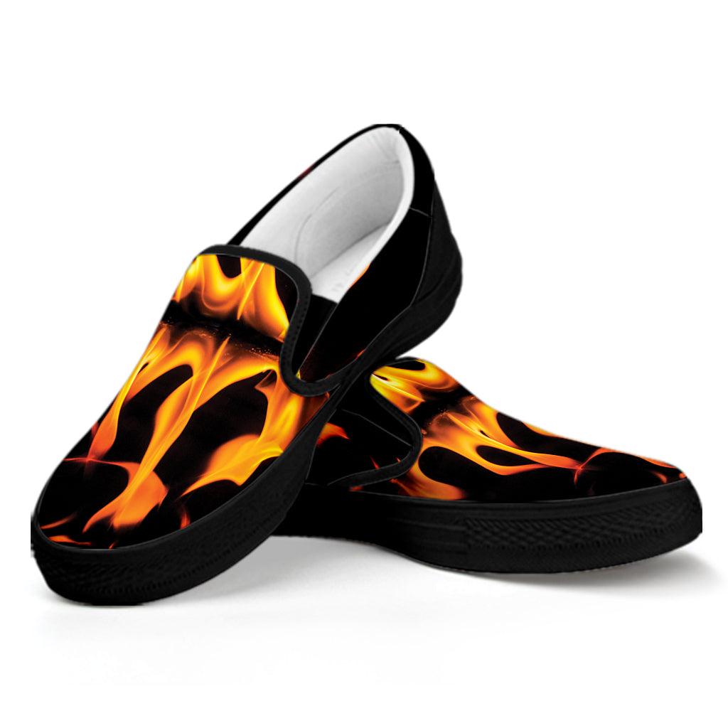 Fire Flame Burning Print Black Slip On Shoes